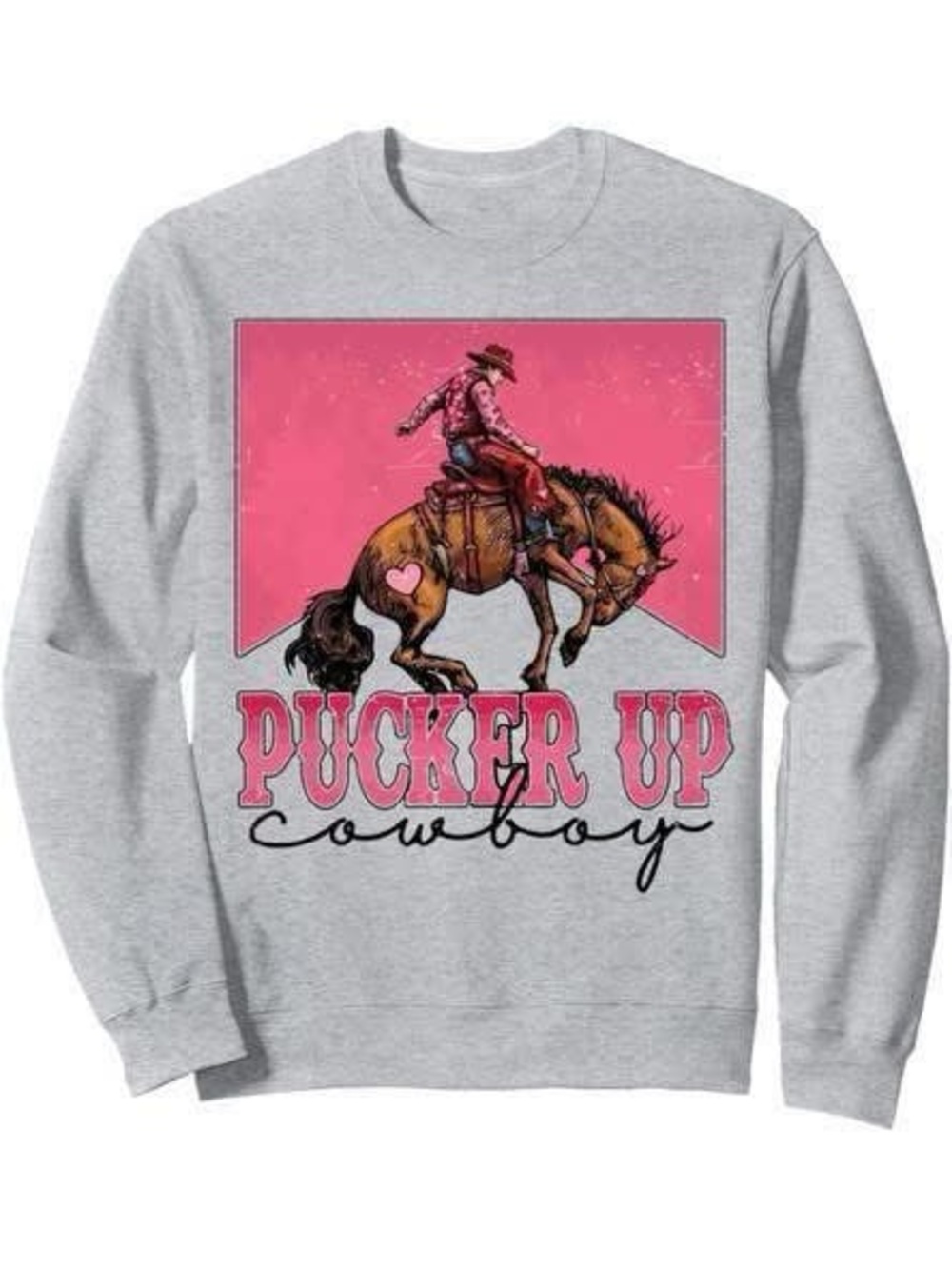 Pucker Up Cowboy Graphic Sweatshirt - Light Gray & Pink